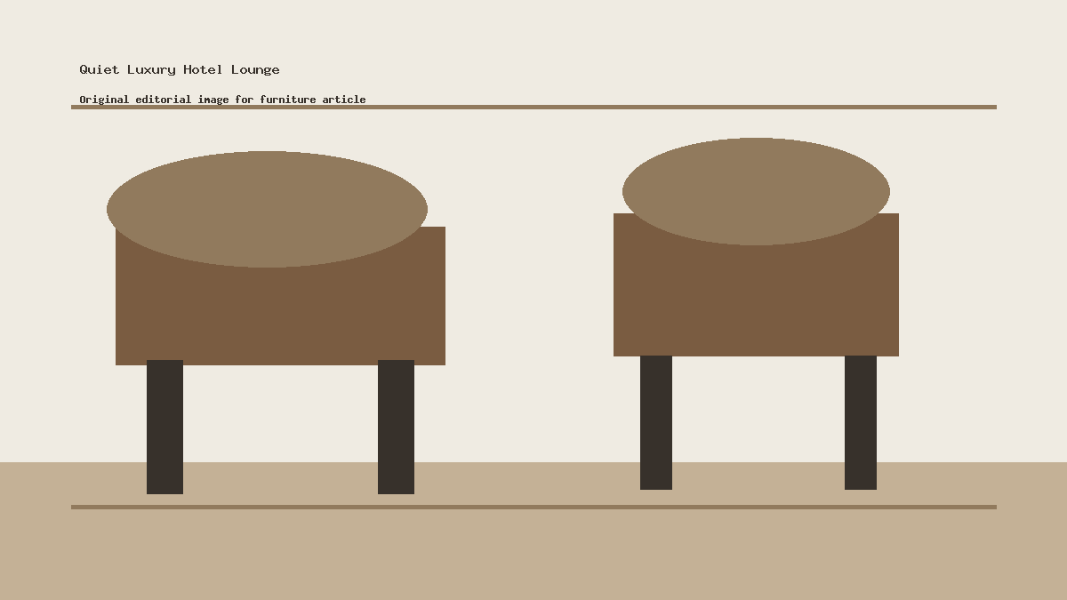 Warm hotel lounge furniture with quiet luxury materials and soft lighting
